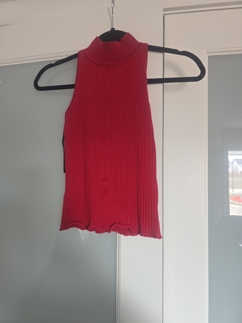 bebe Red Ribbed Mock Neck Tank
